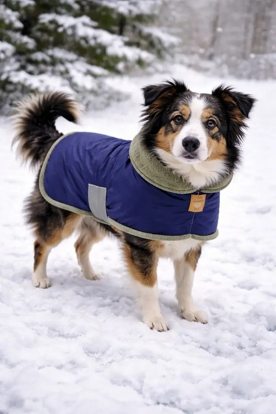 Noah’s Ark Dogwear USA Navy Blanket Style Dog Coat Moss Green Fleece Lined Cozy